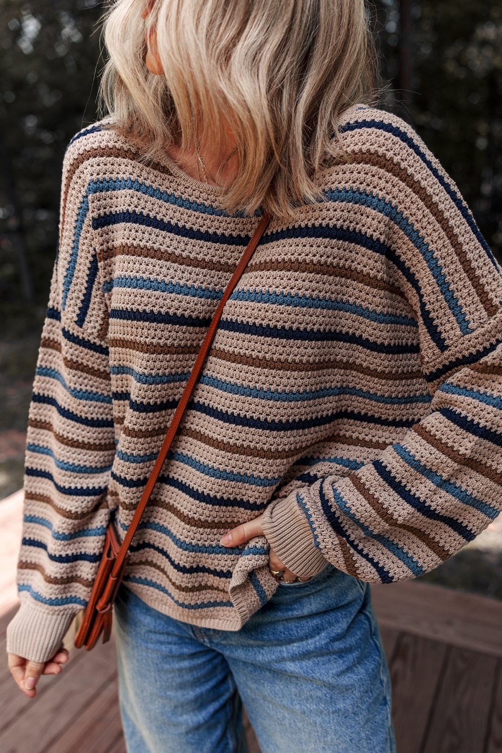 Multicolour Striped Knitted Drop Shoulder Crew Neck Sweater - MAD RUFFI