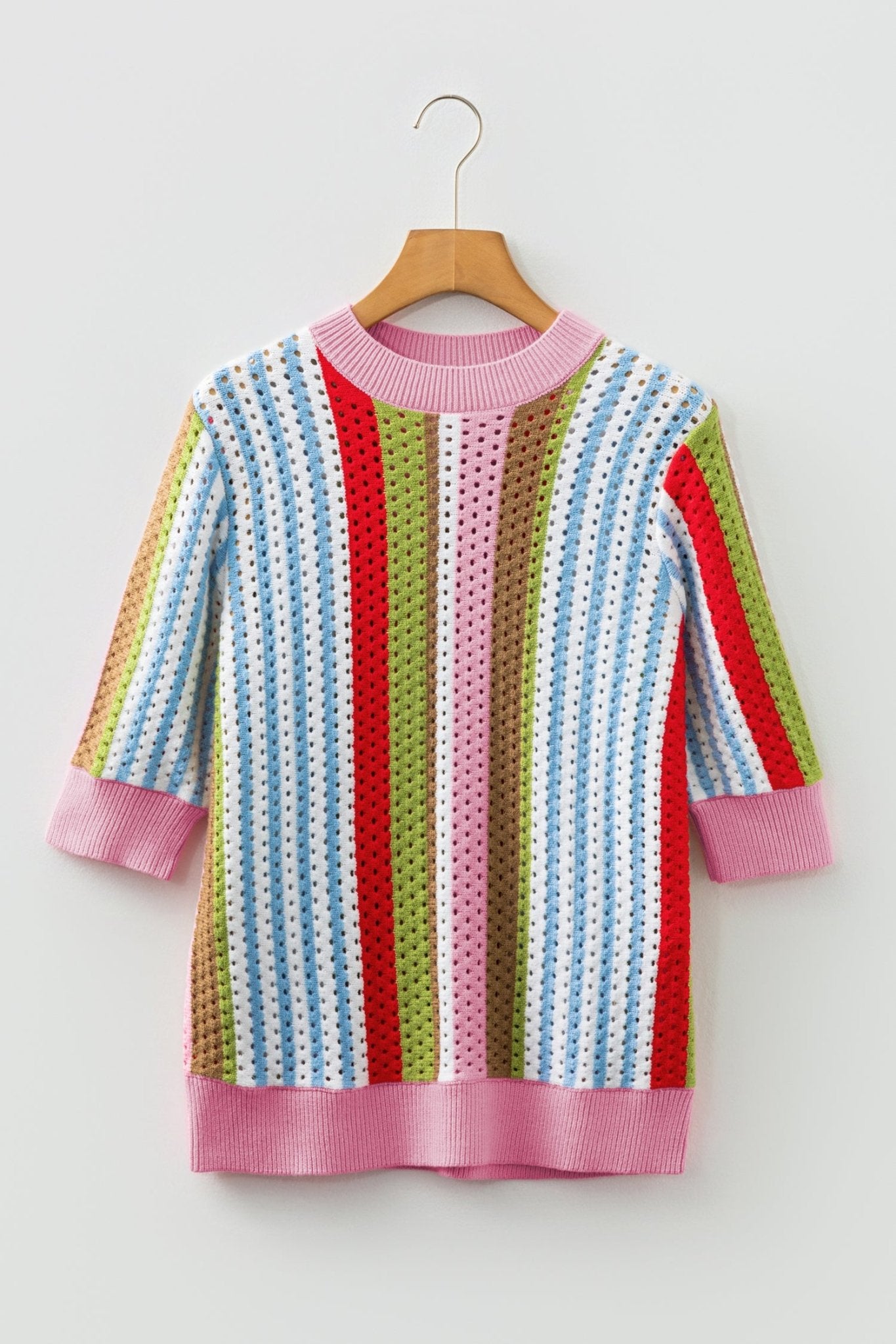 Multicolour Striped Pointelle Knit Short Sleeve Sweater - MAD RUFFI