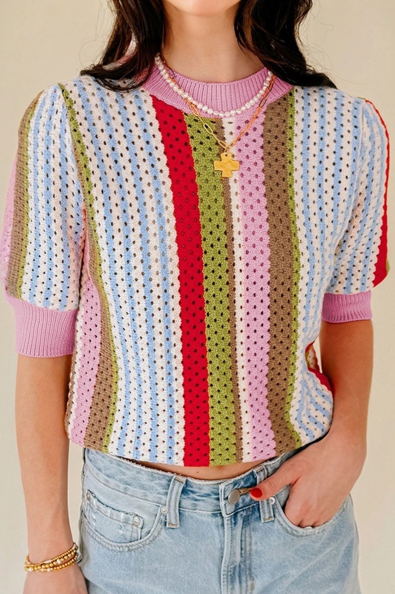 Multicolour Striped Pointelle Knit Short Sleeve Sweater - MAD RUFFI