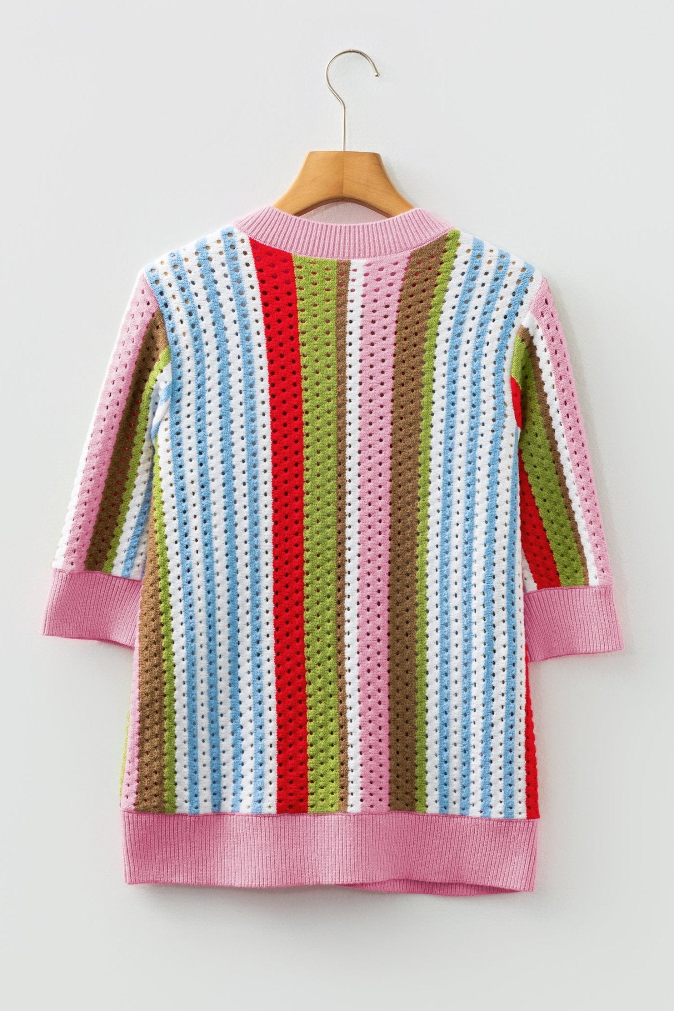 Multicolour Striped Pointelle Knit Short Sleeve Sweater - MAD RUFFI