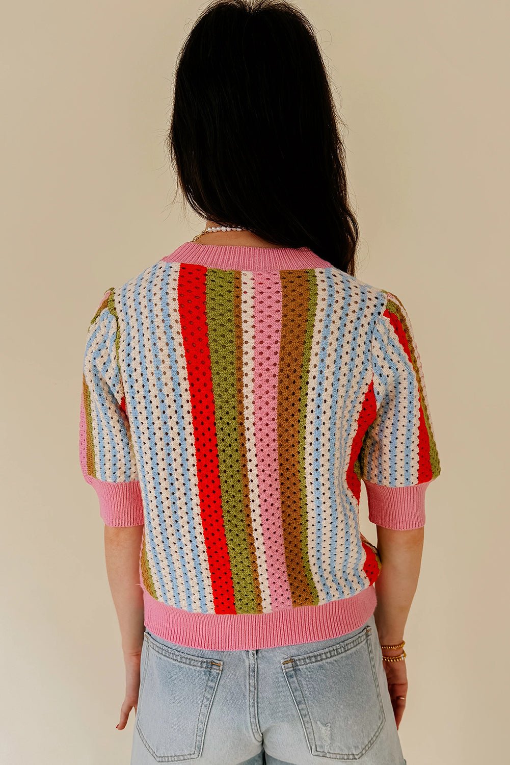 Multicolour Striped Pointelle Knit Short Sleeve Sweater - MAD RUFFI