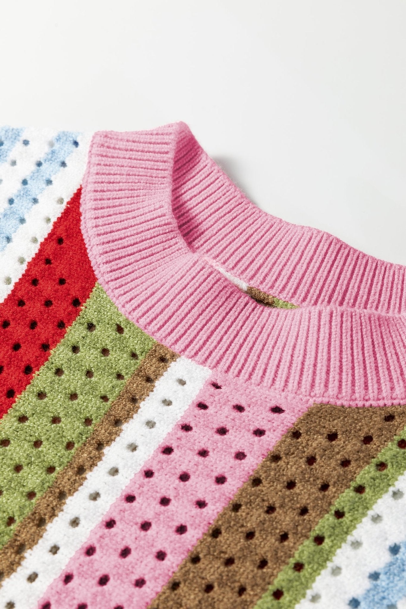 Multicolour Striped Pointelle Knit Short Sleeve Sweater - MAD RUFFI