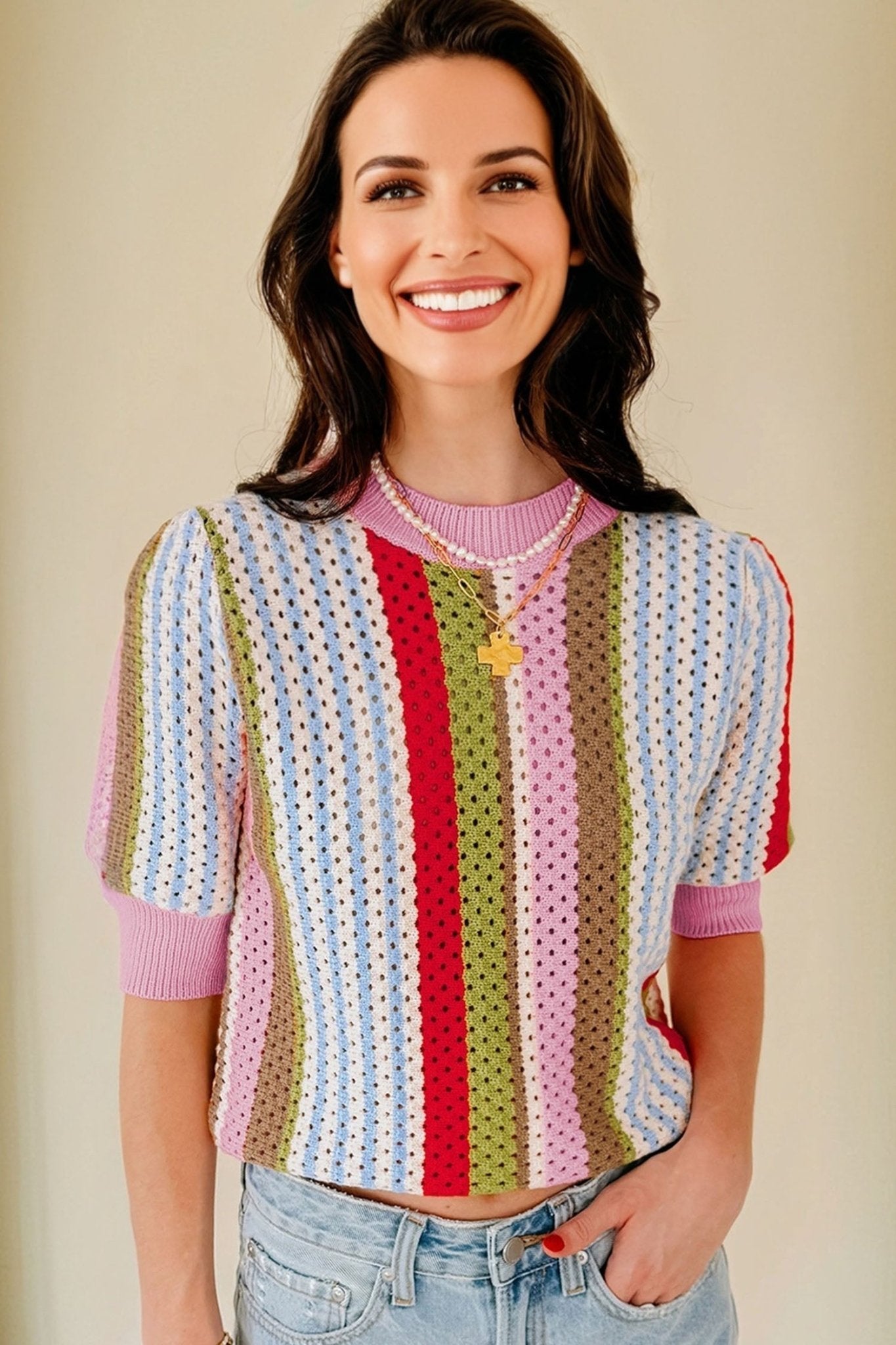 Multicolour Striped Pointelle Knit Short Sleeve Sweater - MAD RUFFI