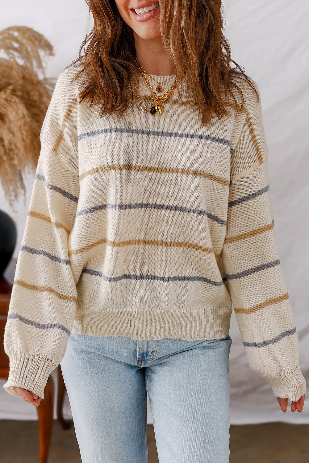 Multicolour Striped Ribbed Edge Drop Shoulder Sweater - MAD RUFFI