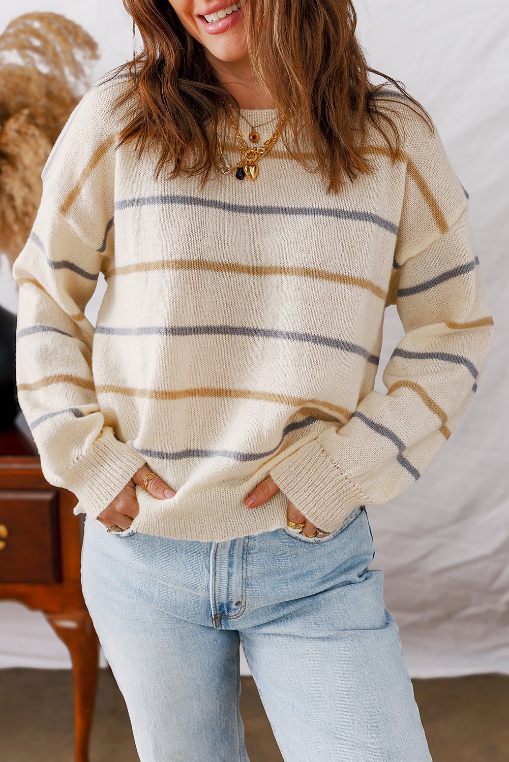 Multicolour Striped Ribbed Edge Drop Shoulder Sweater - MAD RUFFI