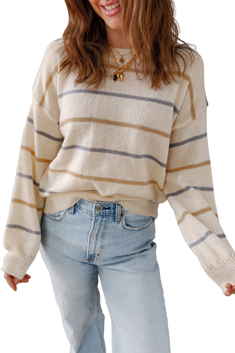 Multicolour Striped Ribbed Edge Drop Shoulder Sweater - MAD RUFFI