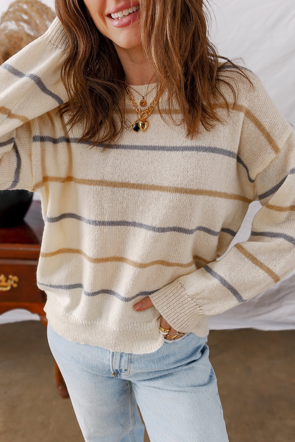 Multicolour Striped Ribbed Edge Drop Shoulder Sweater - MAD RUFFI