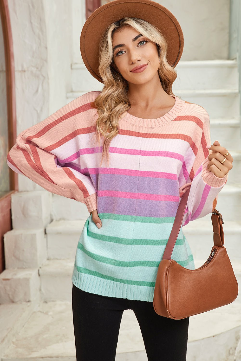 Multicolour Striped Ribbed Edge Gradient Loose Sweater - MAD RUFFI