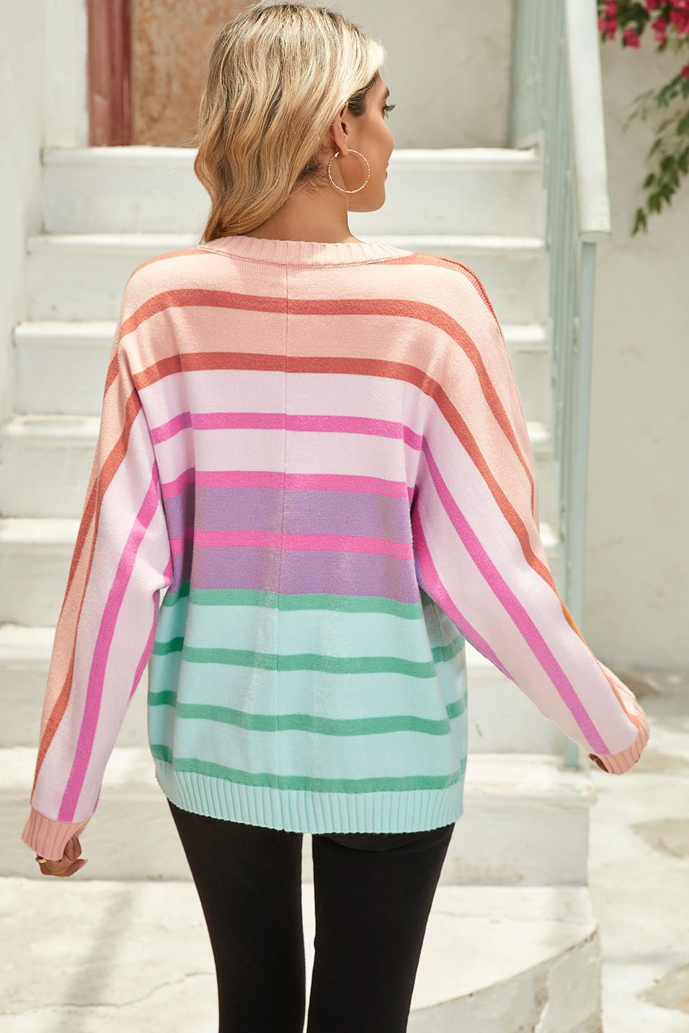 Multicolour Striped Ribbed Edge Gradient Loose Sweater - MAD RUFFI