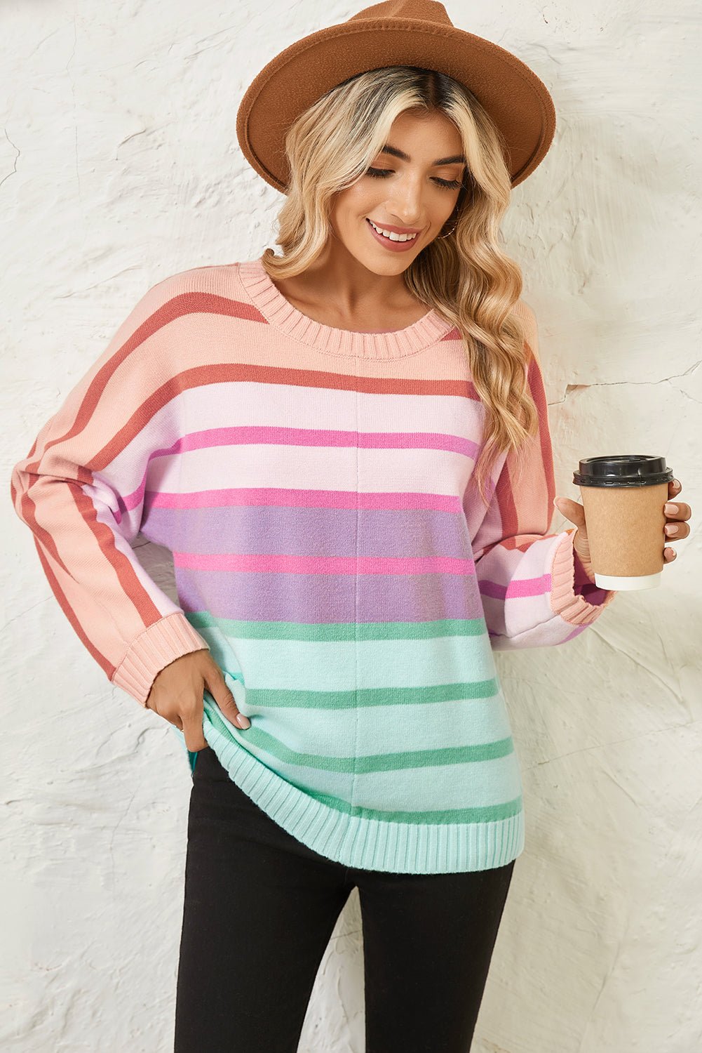 Multicolour Striped Ribbed Edge Gradient Loose Sweater - MAD RUFFI