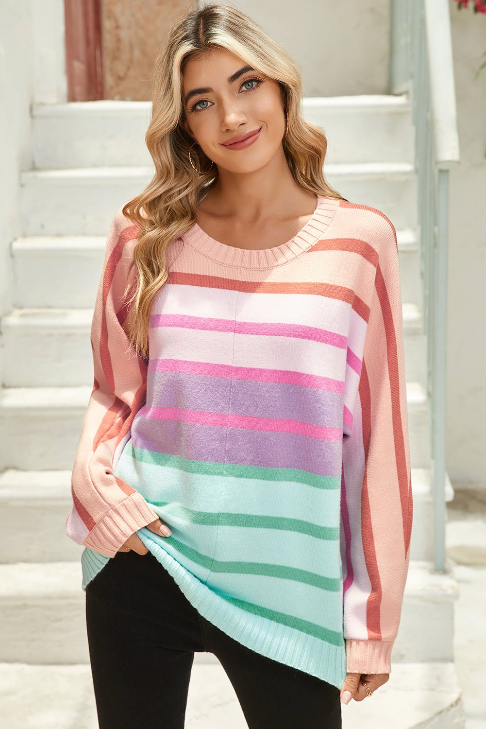 Multicolour Striped Ribbed Edge Gradient Loose Sweater - MAD RUFFI
