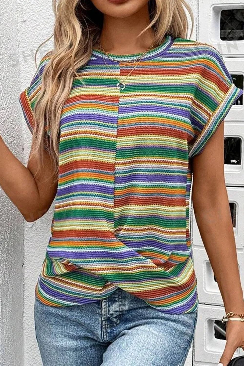 Multicolour Striped Twist Hem Cap Sleeve Top - MAD RUFFI