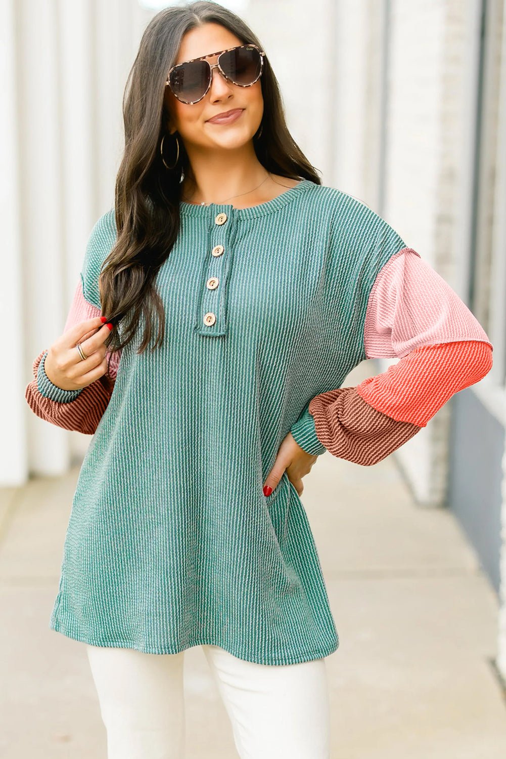 Multicolour Twisted Ribbed Colorblock Patchwork Henley Top - MAD RUFFI