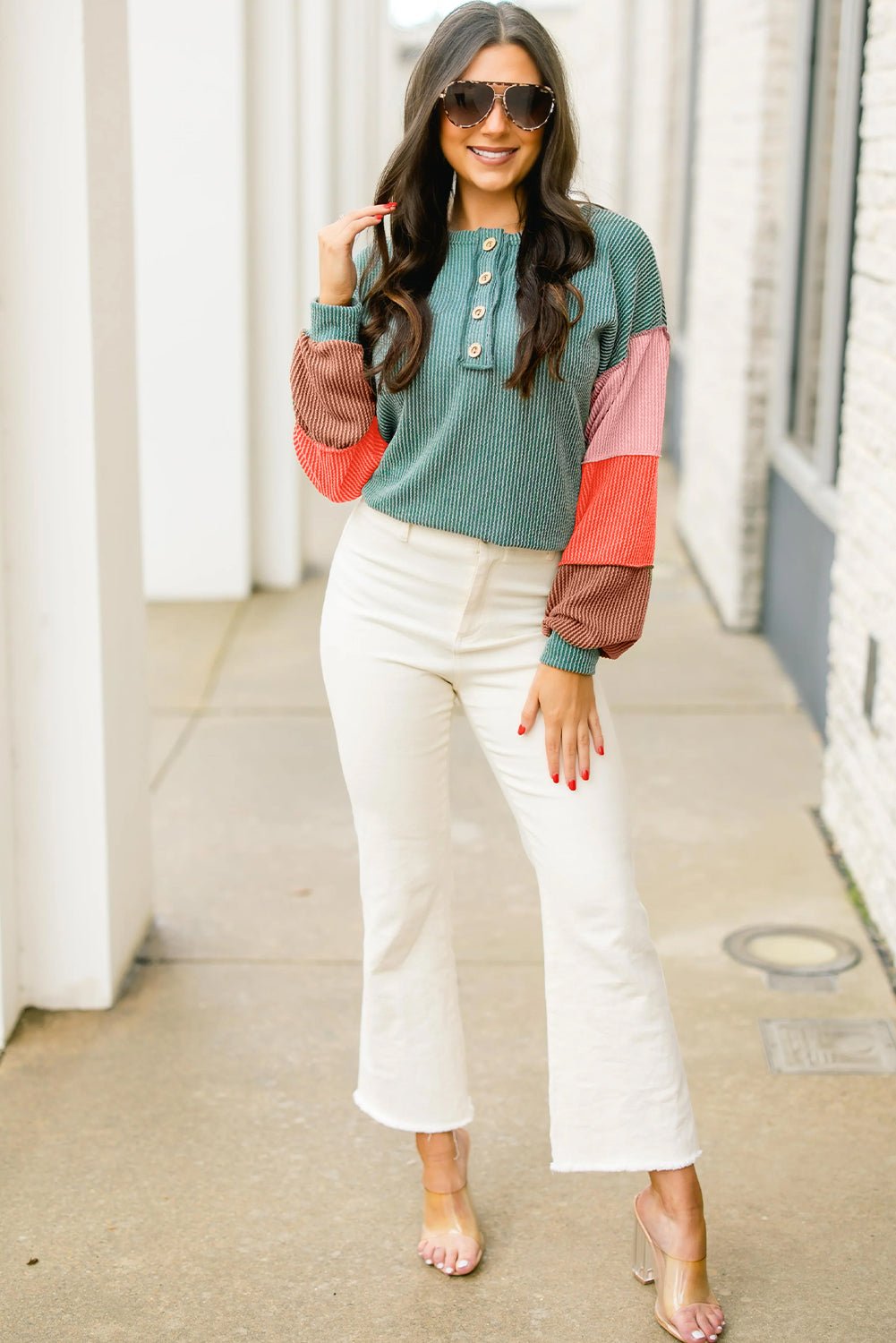 Multicolour Twisted Ribbed Colorblock Patchwork Henley Top - MAD RUFFI