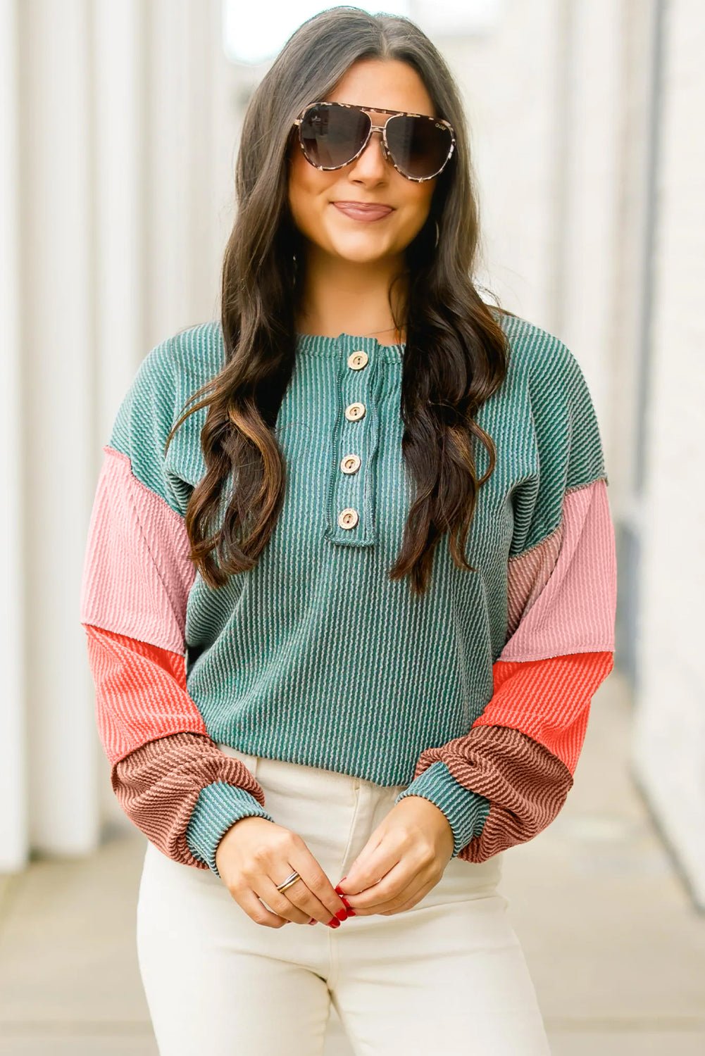 Multicolour Twisted Ribbed Colorblock Patchwork Henley Top - MAD RUFFI