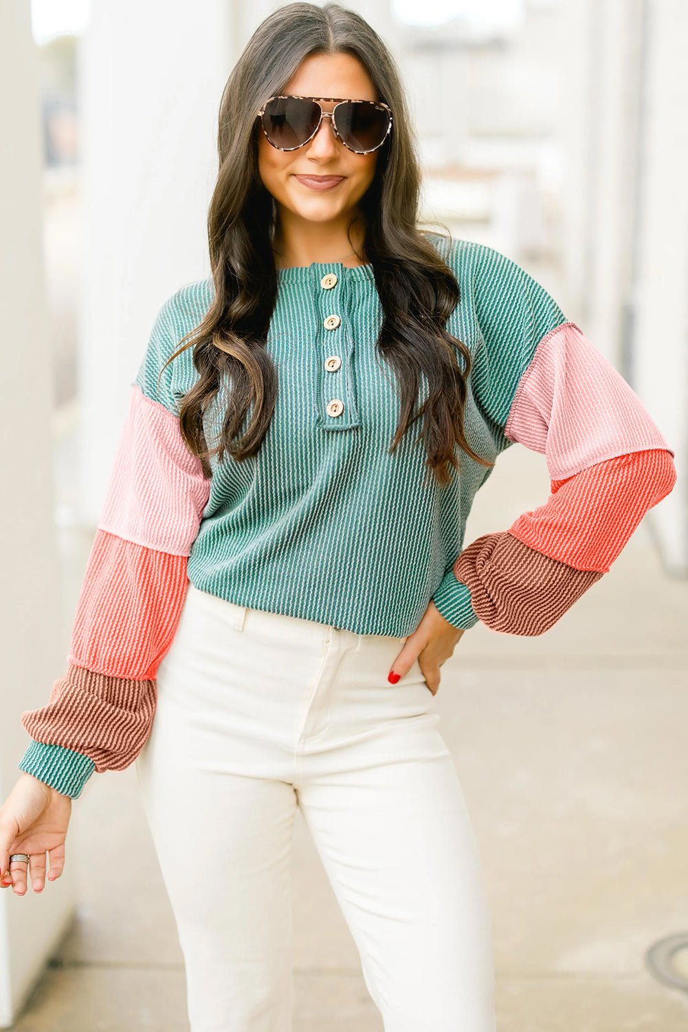 Multicolour Twisted Ribbed Colorblock Patchwork Henley Top - MAD RUFFI