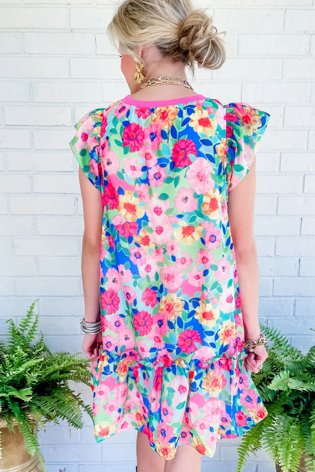 Multicolour Vibrant Floral Print Cap Sleeve Frill Dress - MAD RUFFI