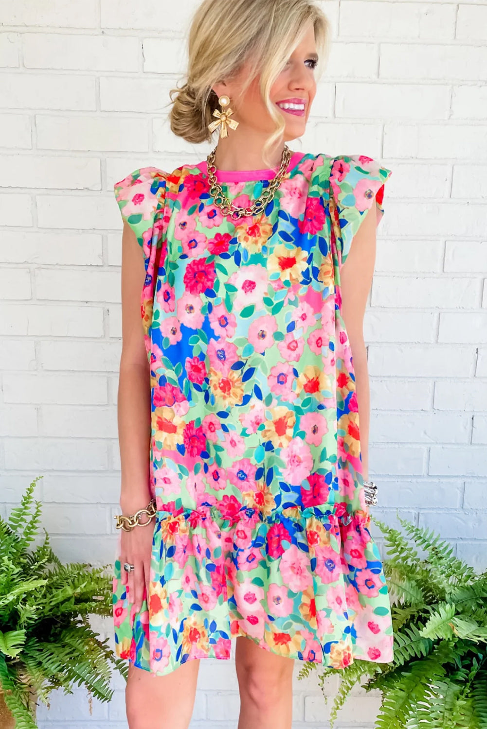 Multicolour Vibrant Floral Print Cap Sleeve Frill Dress - MAD RUFFI