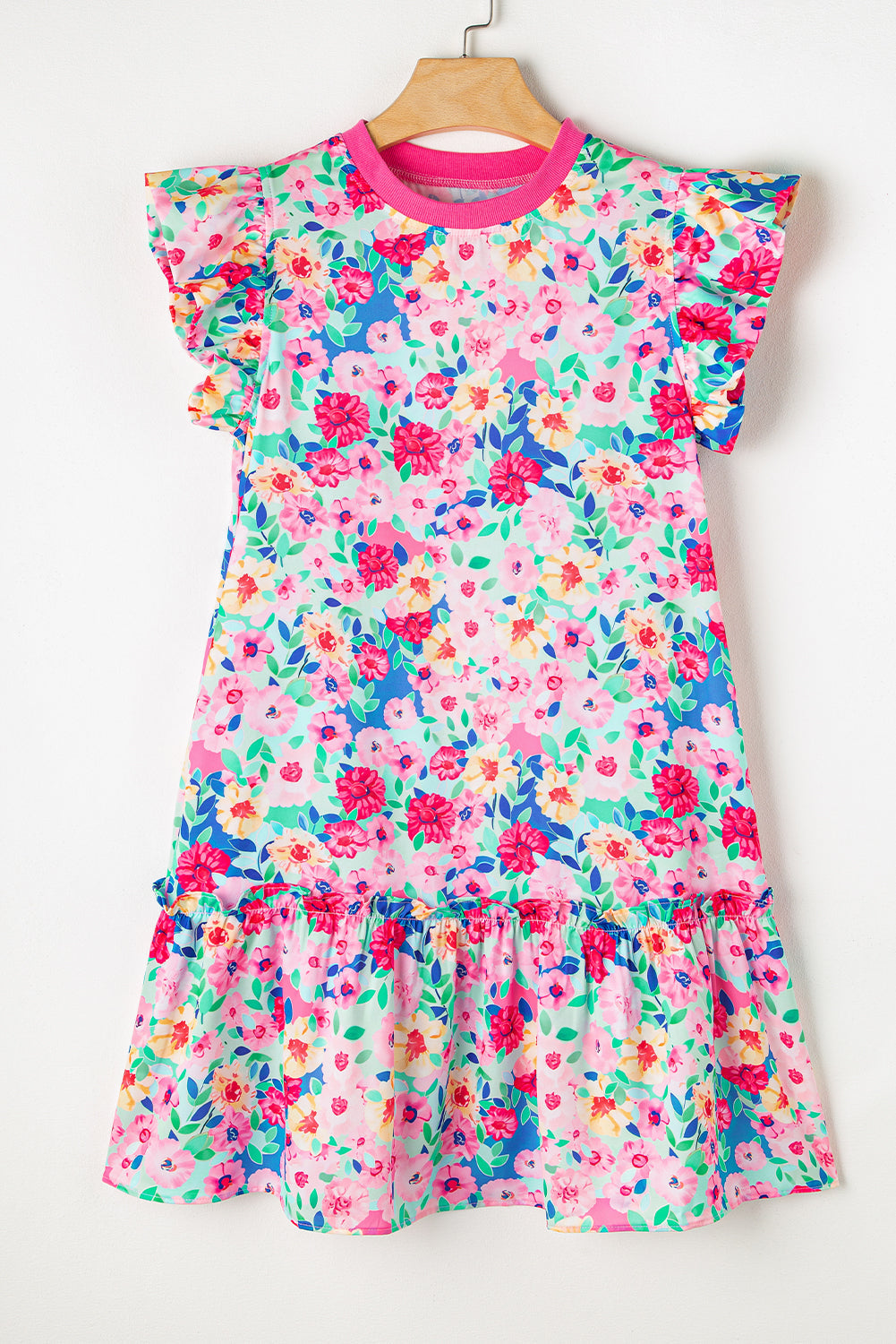 Multicolour Vibrant Floral Print Cap Sleeve Frill Dress - MAD RUFFI