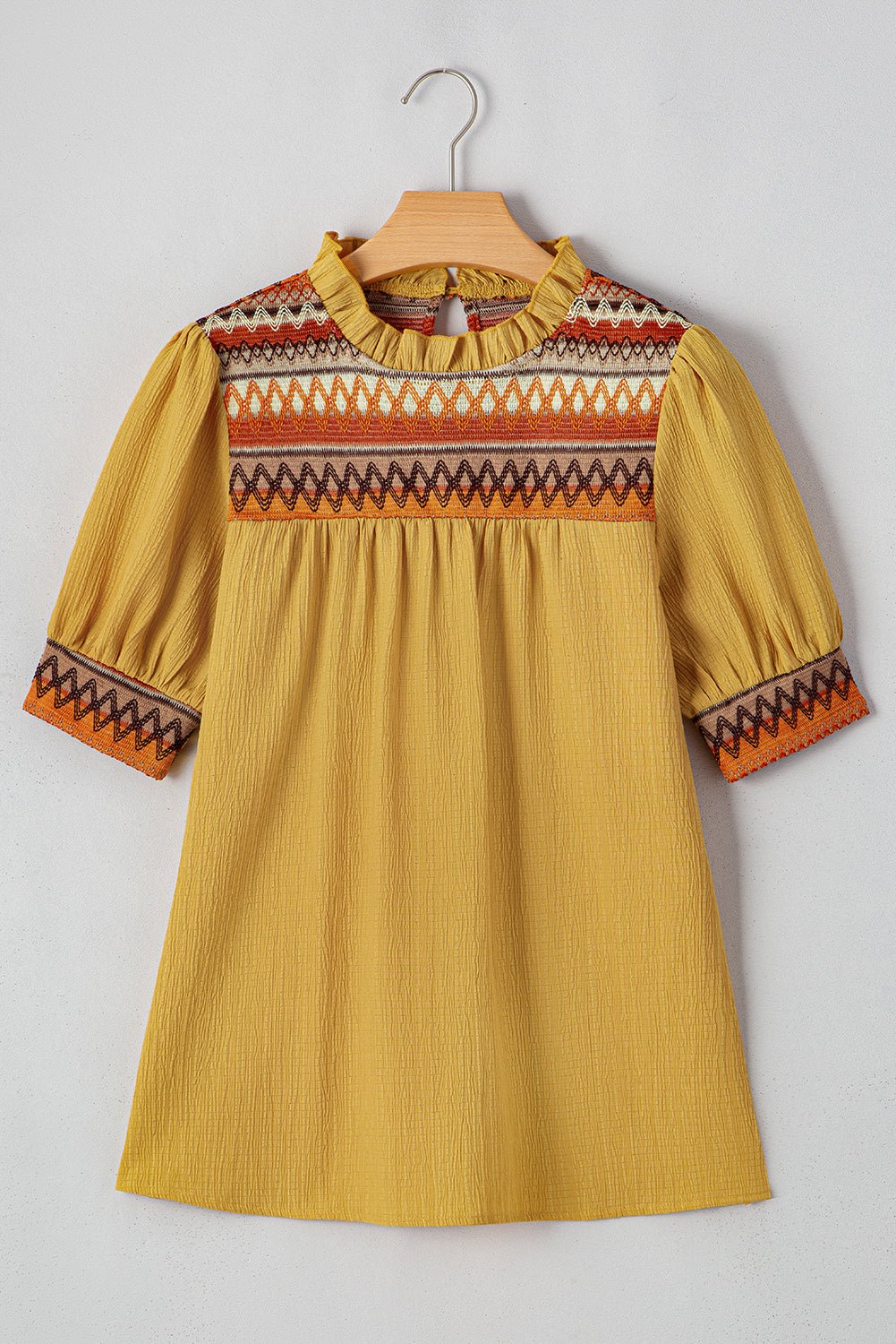 Mustard Geometric Short Puff Sleeve Frill Neck Blouse - MAD RUFFI