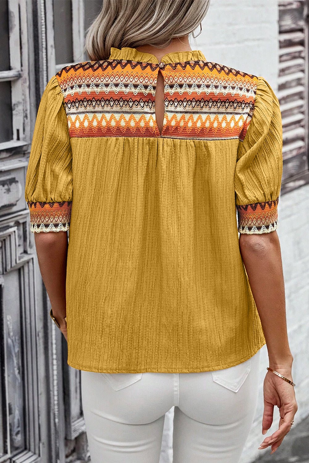 Mustard Geometric Short Puff Sleeve Frill Neck Blouse - MAD RUFFI