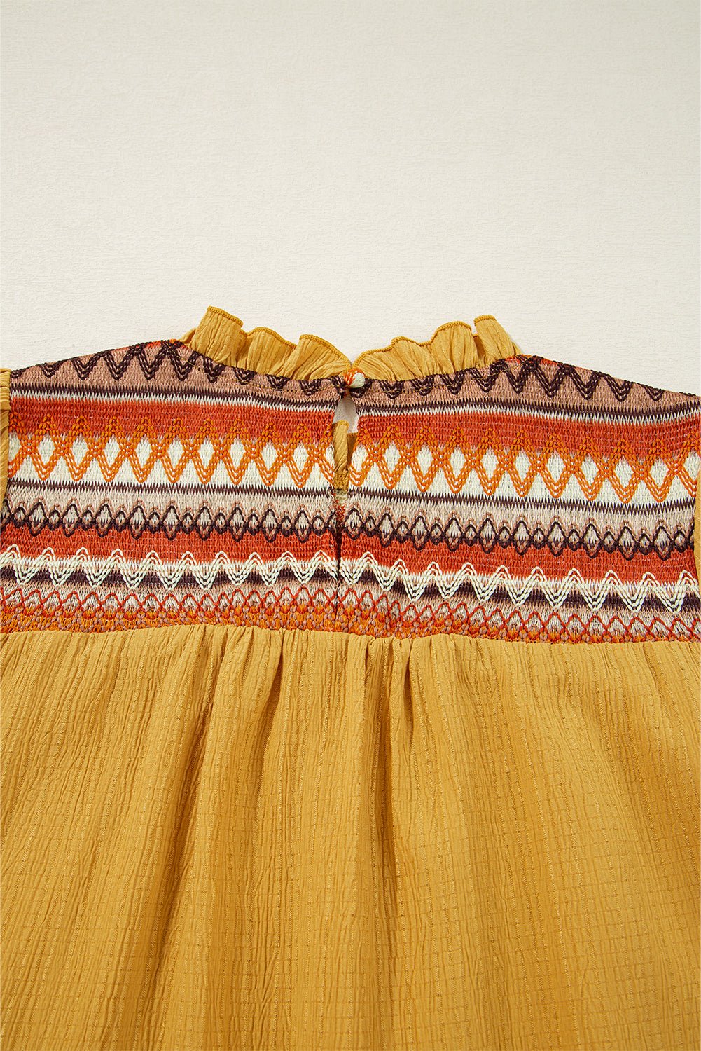 Mustard Geometric Short Puff Sleeve Frill Neck Blouse - MAD RUFFI