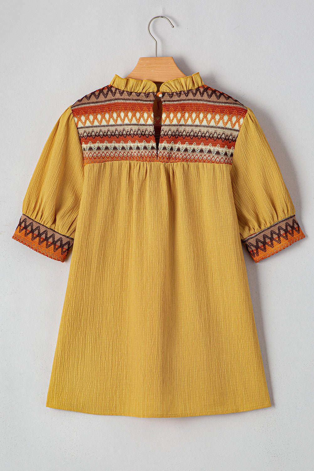 Mustard Geometric Short Puff Sleeve Frill Neck Blouse - MAD RUFFI