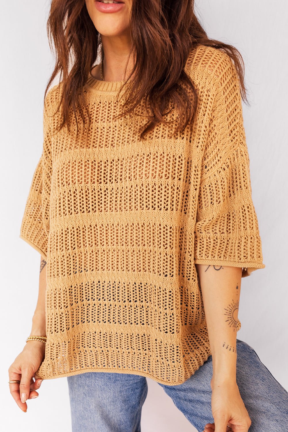 Mustard Hollow out Openwork Knit 3/4 Sleeve Sweater - MAD RUFFI