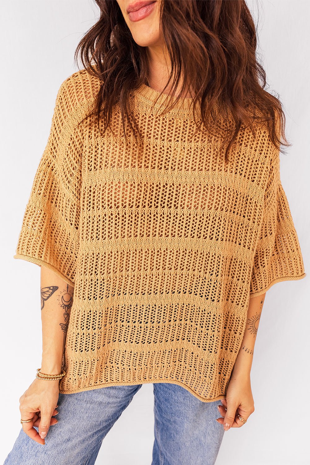 Mustard Hollow out Openwork Knit 3/4 Sleeve Sweater - MAD RUFFI