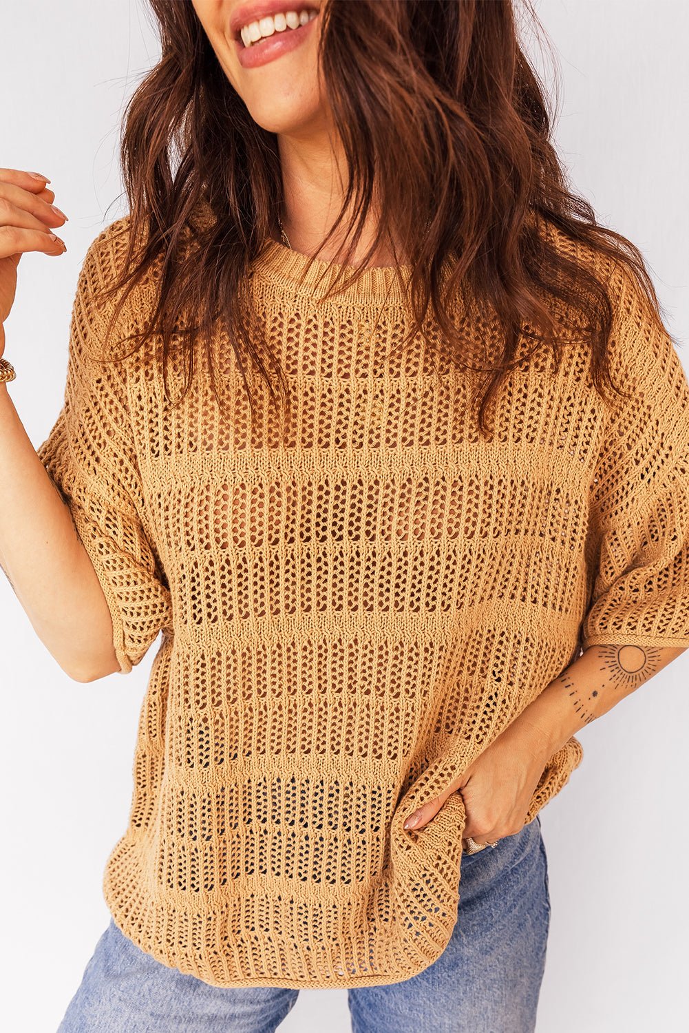 Mustard Hollow out Openwork Knit 3/4 Sleeve Sweater - MAD RUFFI