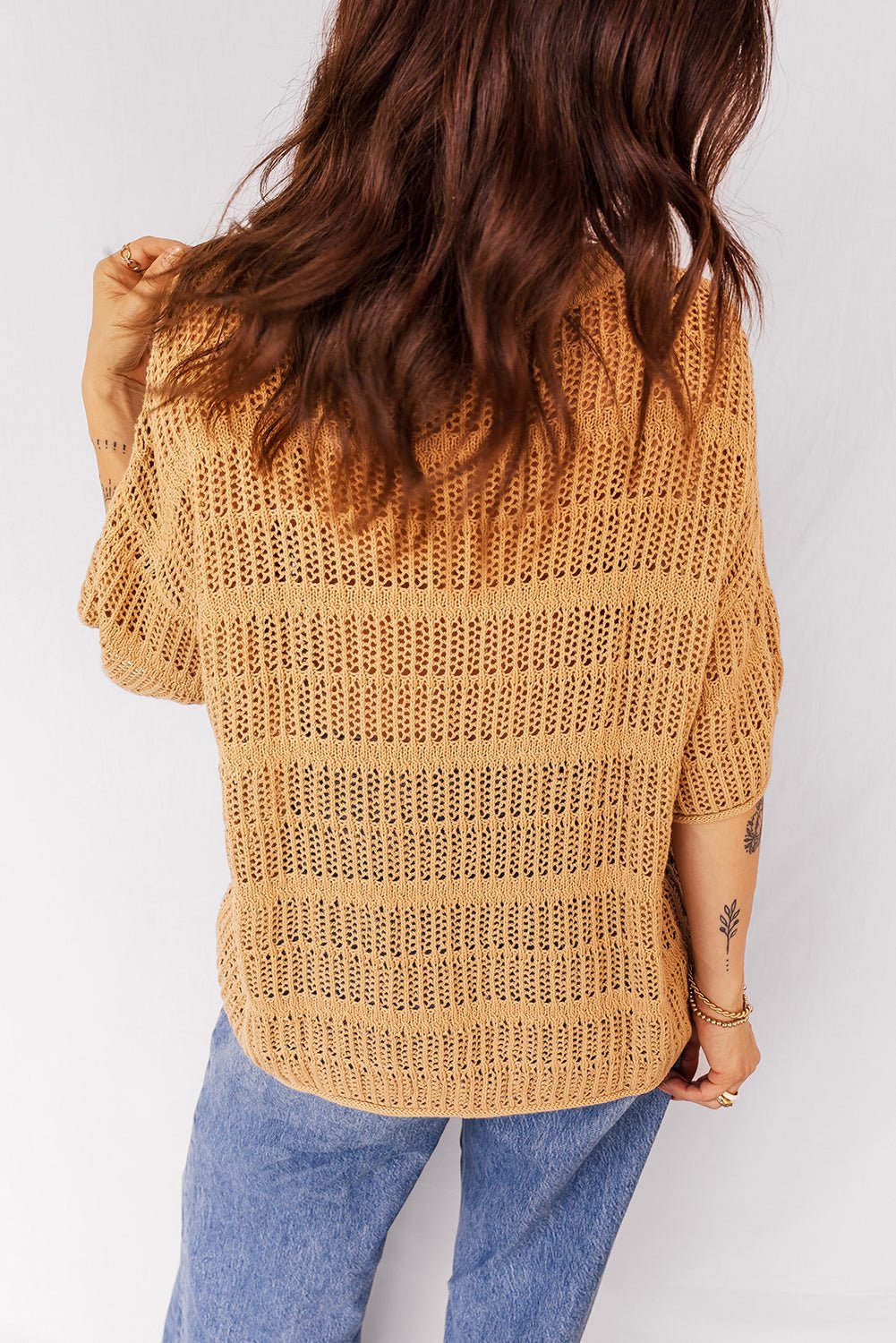 Mustard Hollow out Openwork Knit 3/4 Sleeve Sweater - MAD RUFFI