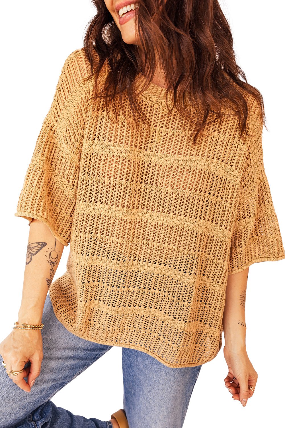 Mustard Hollow out Openwork Knit 3/4 Sleeve Sweater - MAD RUFFI