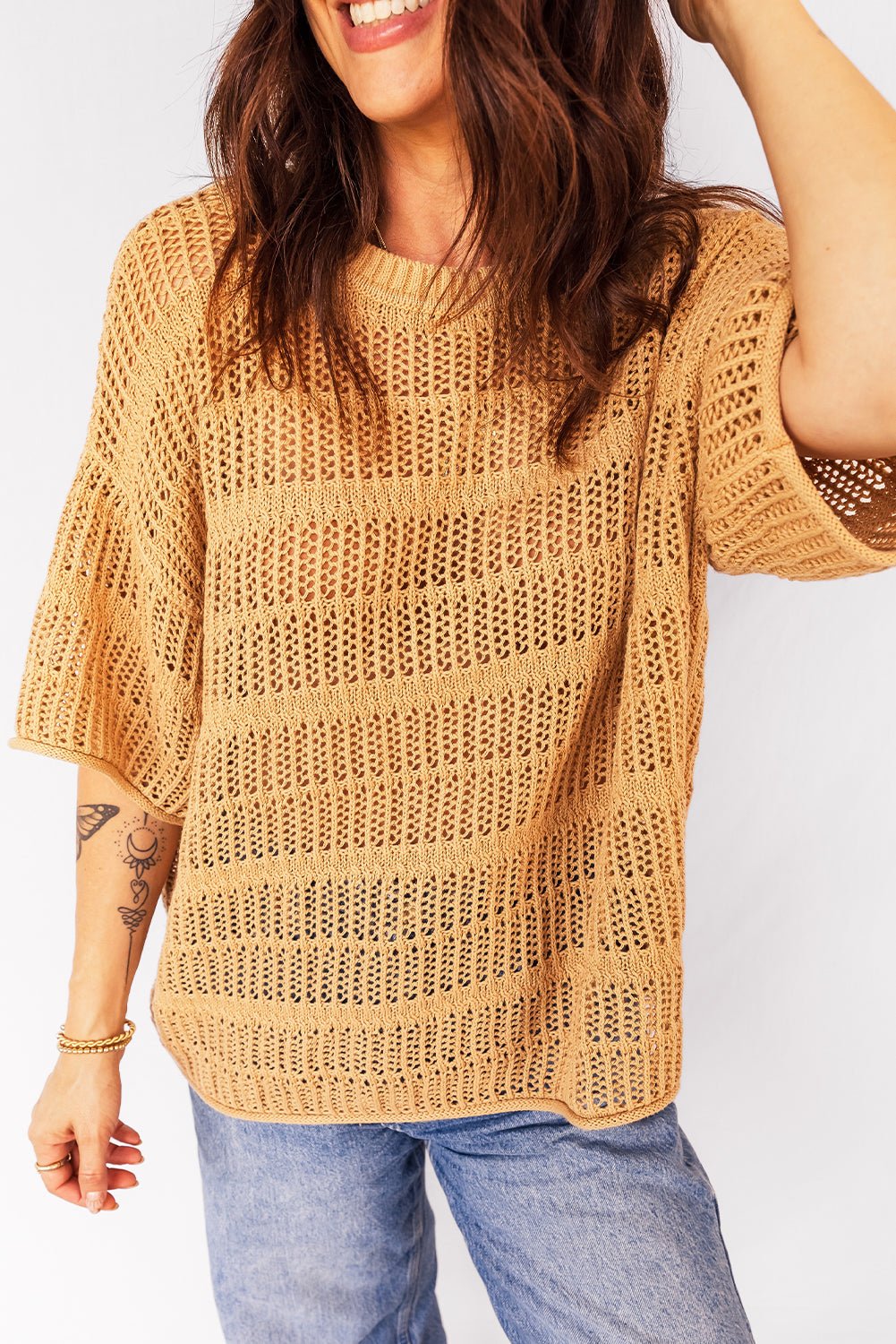 Mustard Hollow out Openwork Knit 3/4 Sleeve Sweater - MAD RUFFI