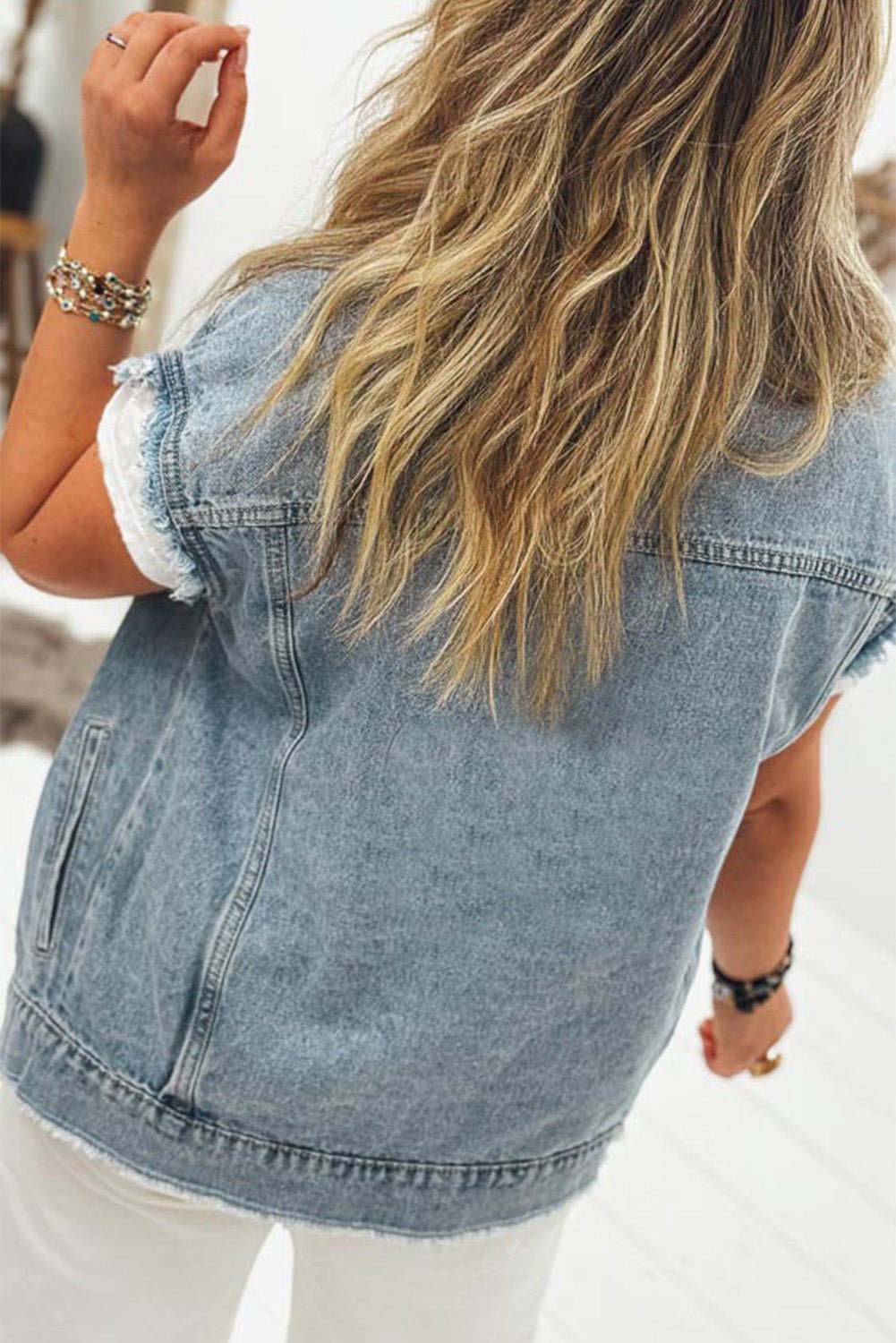 Myosotis Button Flap Pocket Frayed Detail Denim Vest - MAD RUFFI