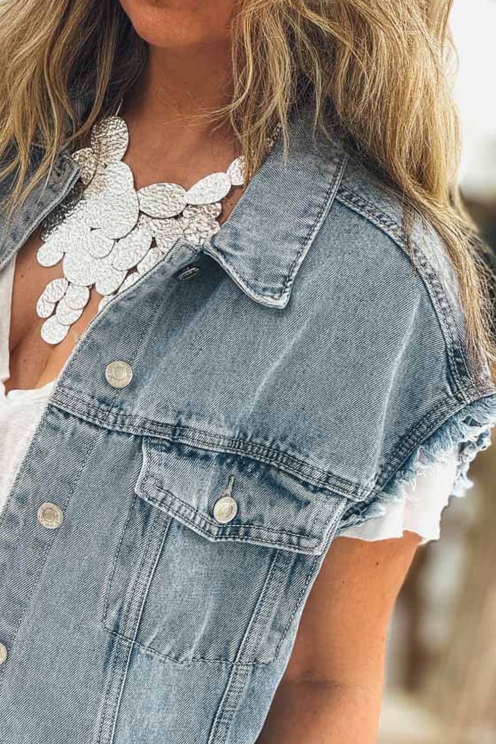 Myosotis Button Flap Pocket Frayed Detail Denim Vest - MAD RUFFI