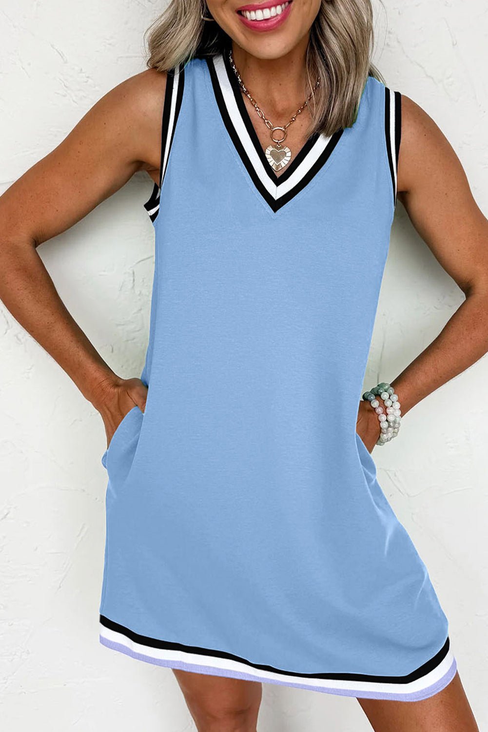 Myosotis Contrast Trim V Neck Sleeveless Mini Dress - MAD RUFFI