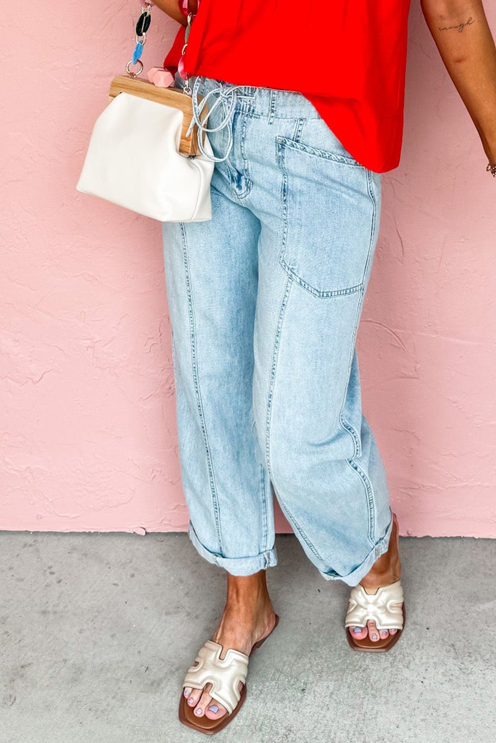 Myosotis Exposed Stitch Detail Drawstring Barrel Jeans - MAD RUFFI