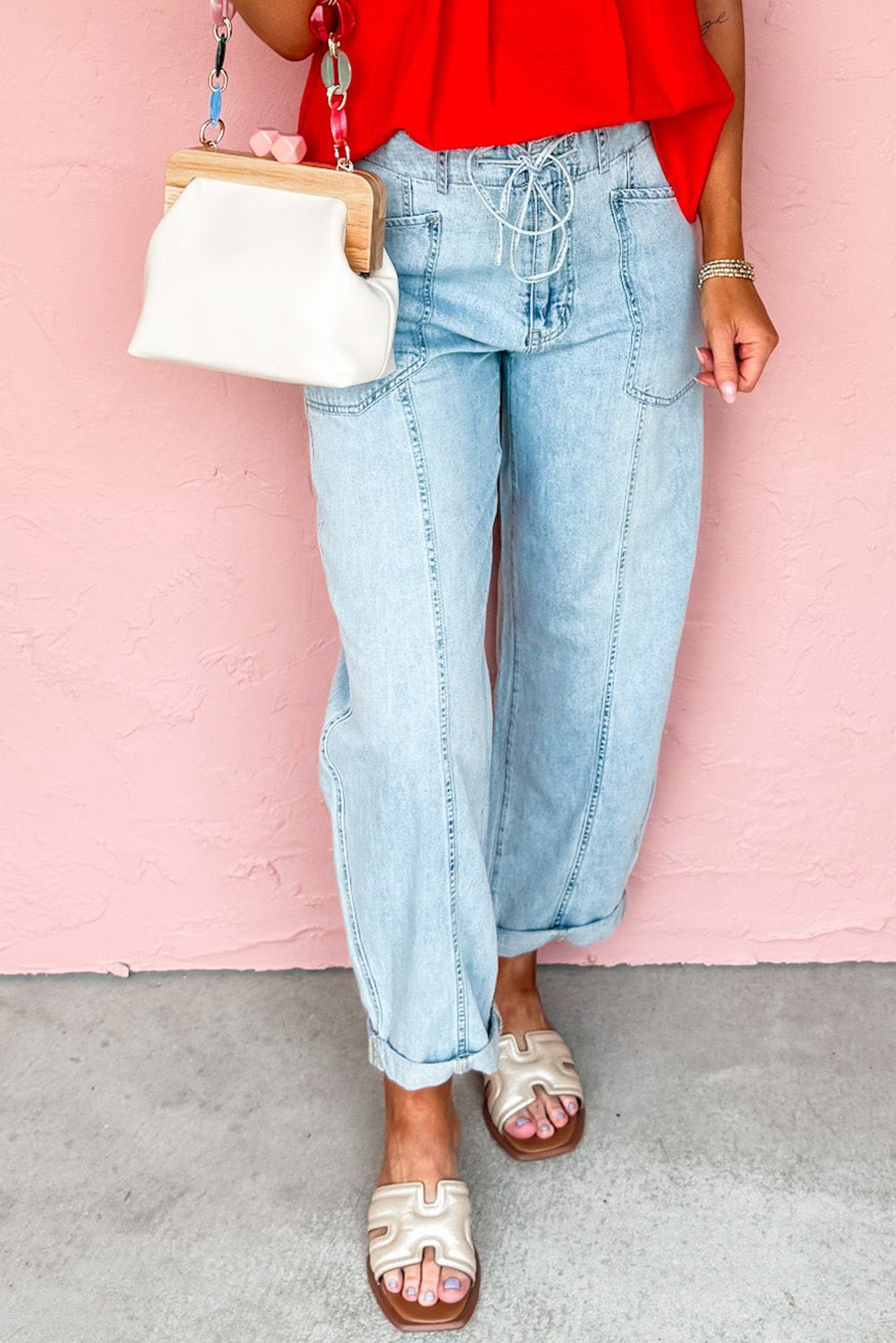 Myosotis Exposed Stitch Detail Drawstring Barrel Jeans - MAD RUFFI