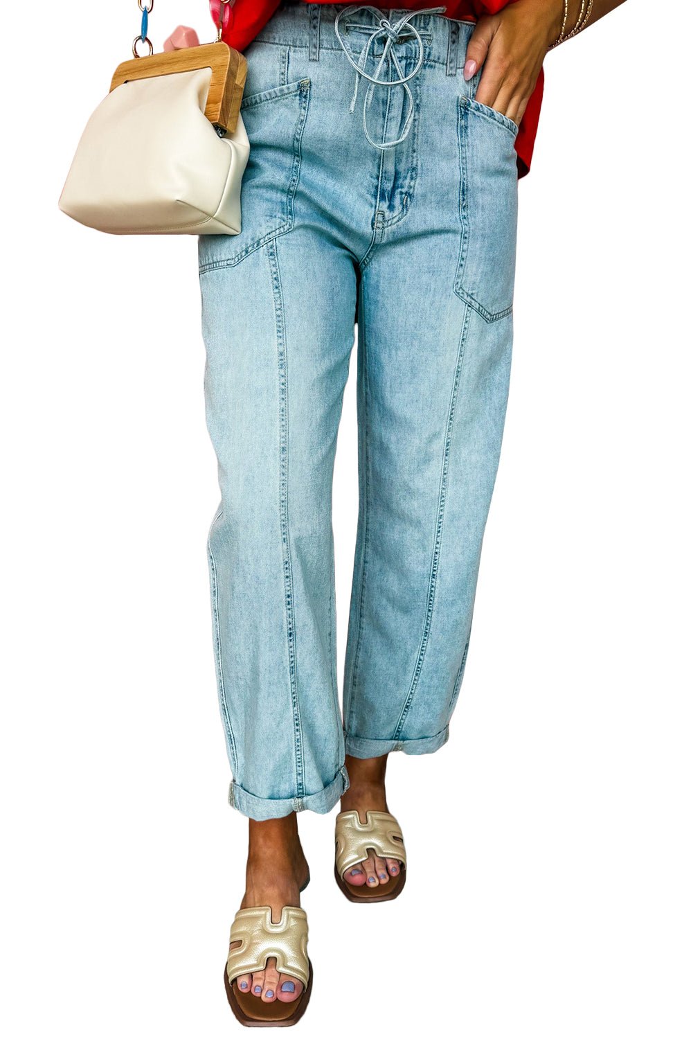 Myosotis Exposed Stitch Detail Drawstring Barrel Jeans - MAD RUFFI