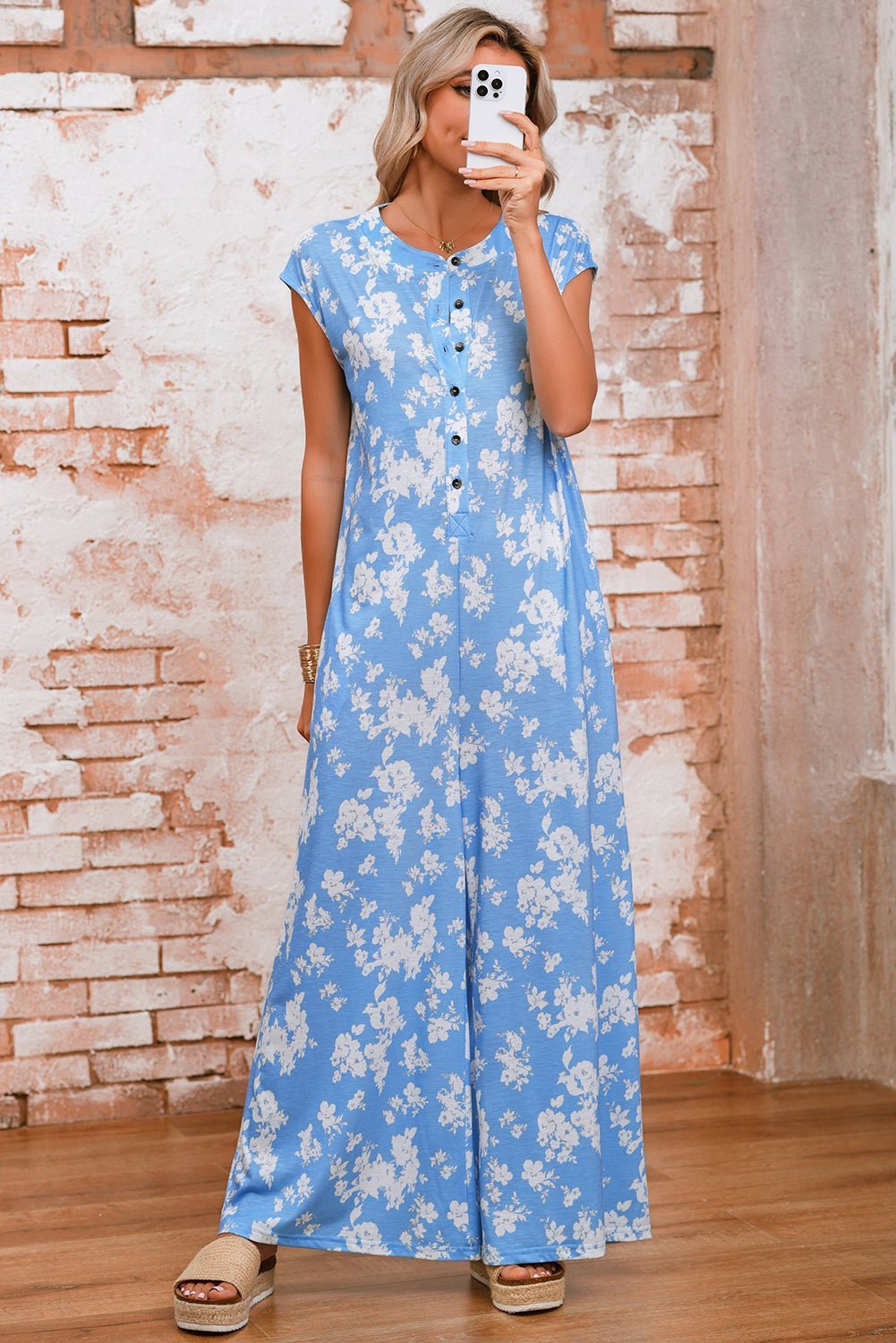 Myosotis Floral Print Sleeveless Wide Leg Jumpsuit - MAD RUFFI