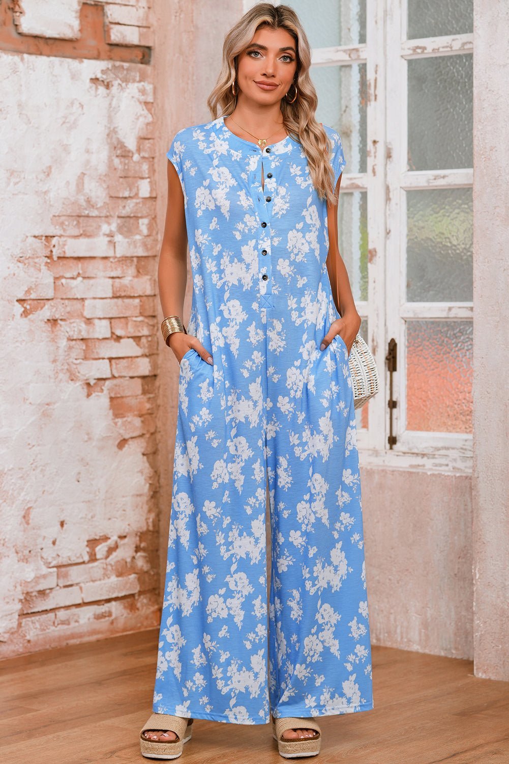 Myosotis Floral Print Sleeveless Wide Leg Jumpsuit - MAD RUFFI