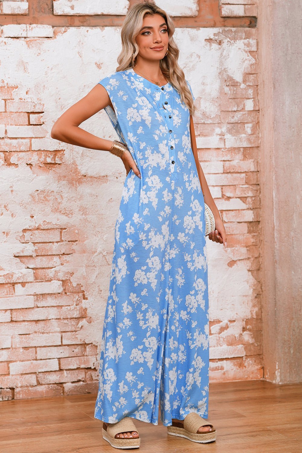 Myosotis Floral Print Sleeveless Wide Leg Jumpsuit - MAD RUFFI