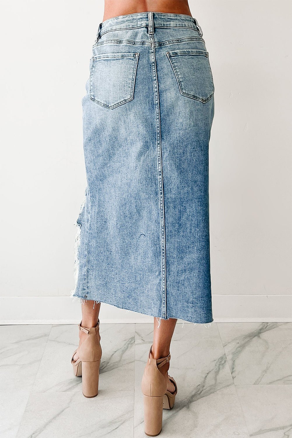 Myosotis Irregular Distressed Hem Denim Midi Skirt - MAD RUFFI