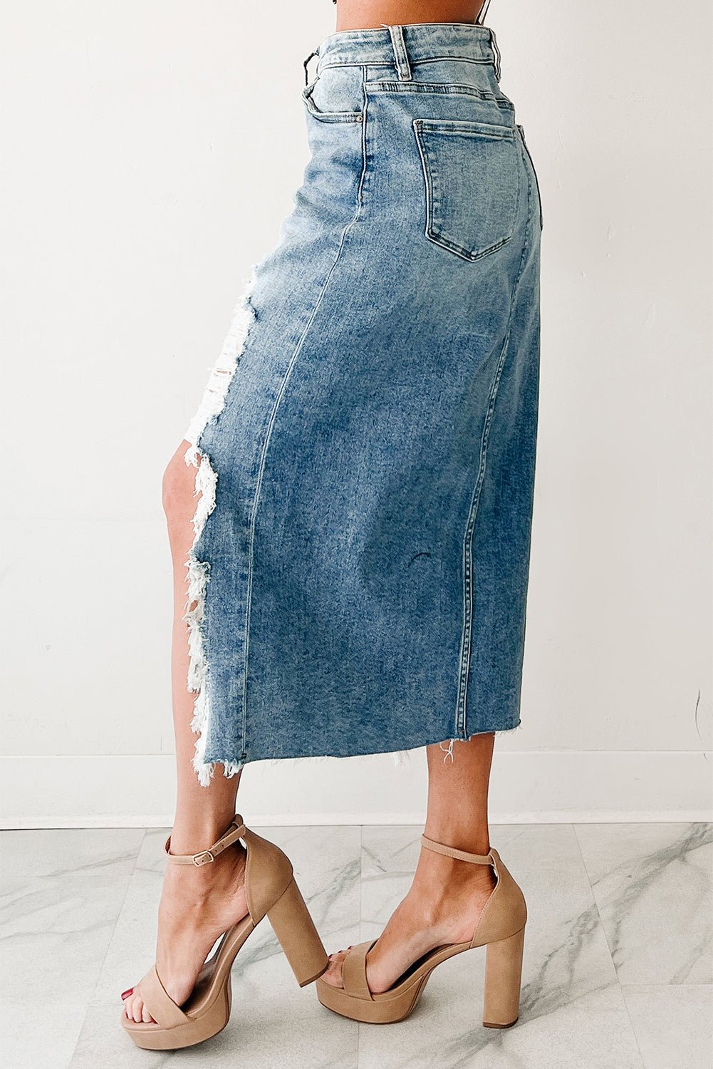 Myosotis Irregular Distressed Hem Denim Midi Skirt - MAD RUFFI
