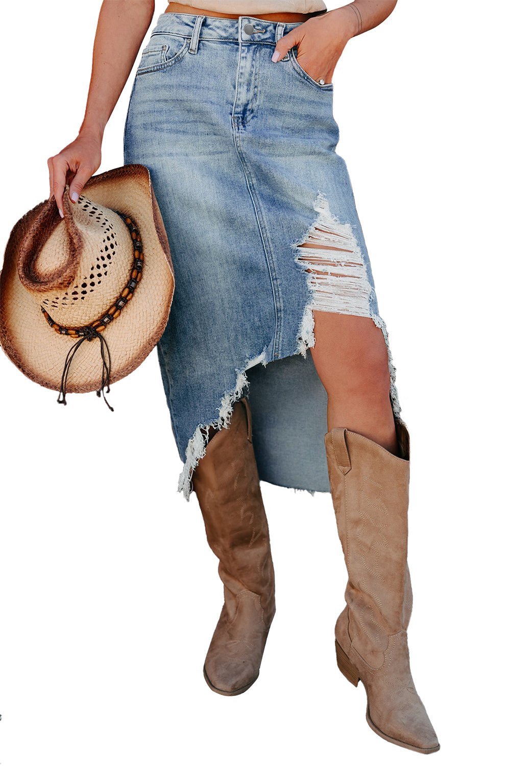 Myosotis Irregular Distressed Hem Denim Midi Skirt - MAD RUFFI