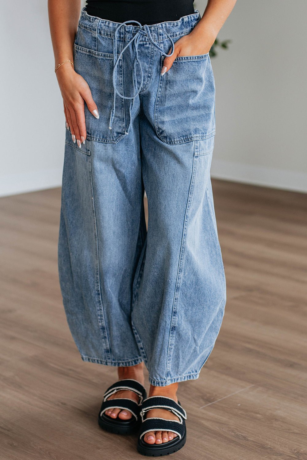 Myosotis Large Patch Pocket Drawstring Paperbag Waist Barrel Jeans - MAD RUFFI