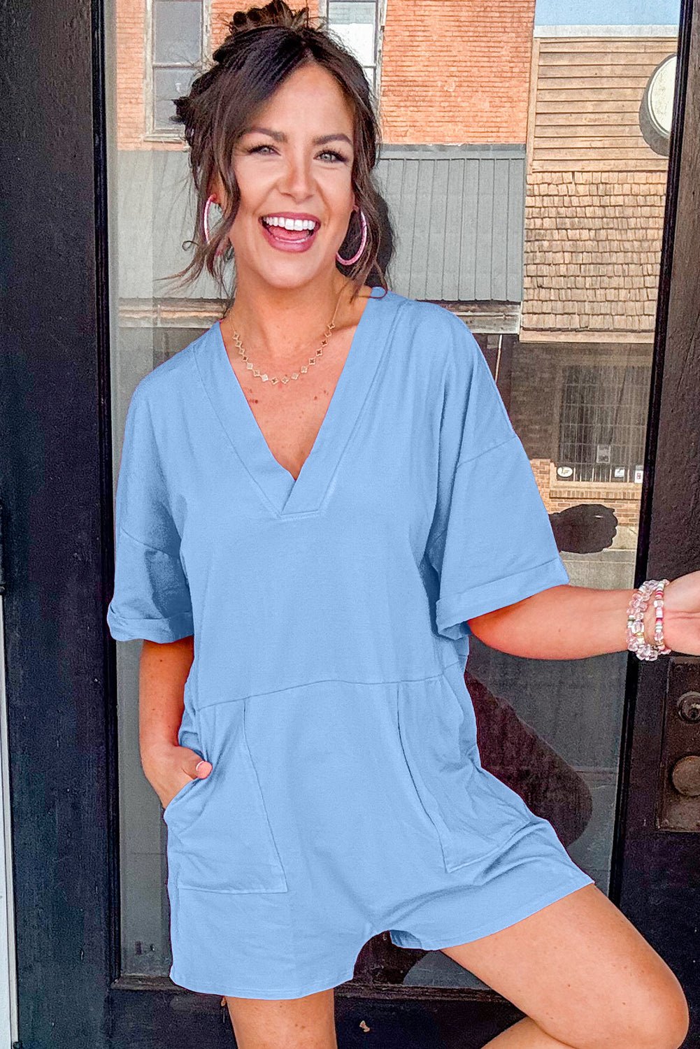 Myosotis Loose Half Sleeve V Neck Plain Romper - MAD RUFFI