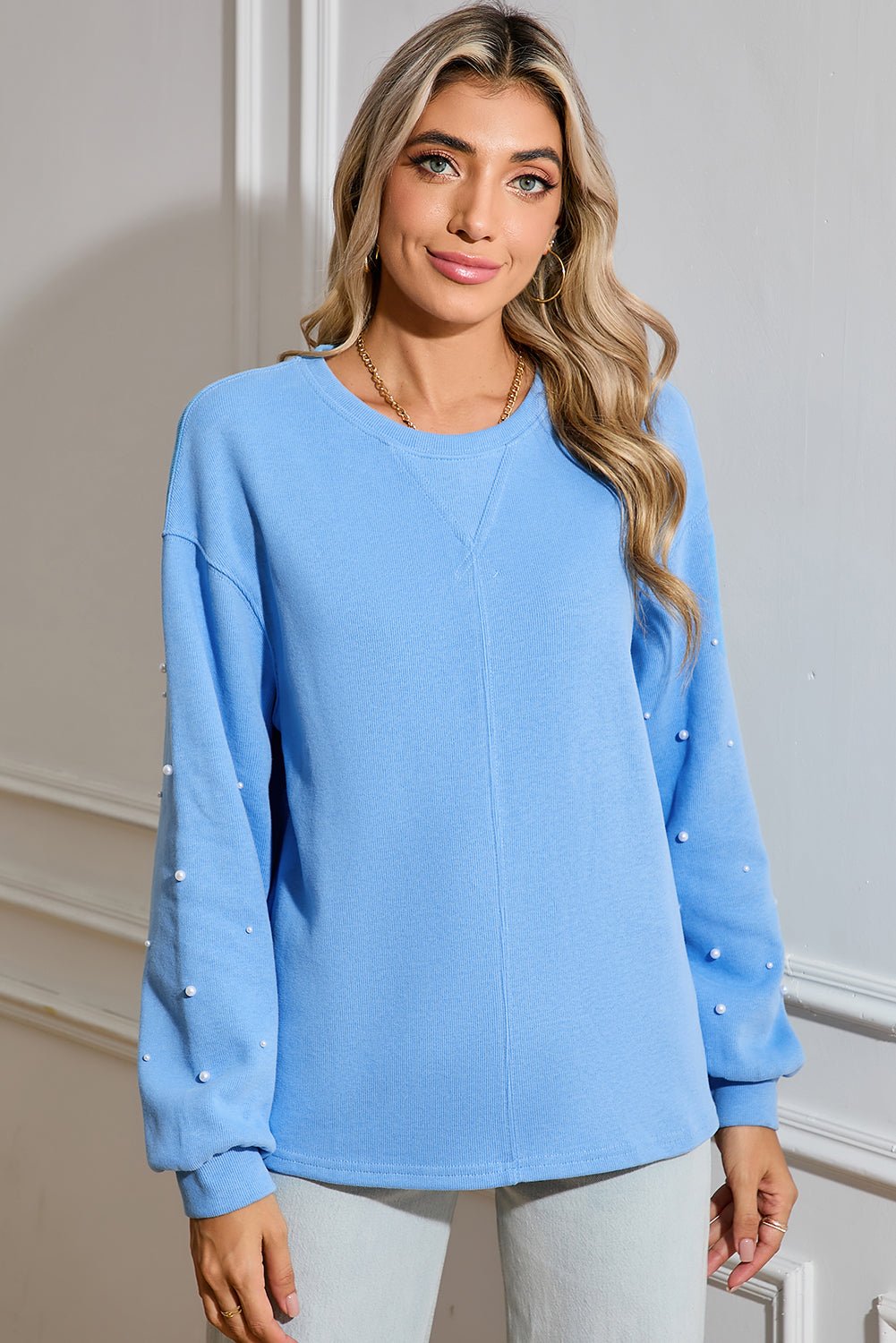 Myosotis Pearl Sleeves Ribbed Pullover Sweatshirt - MAD RUFFI