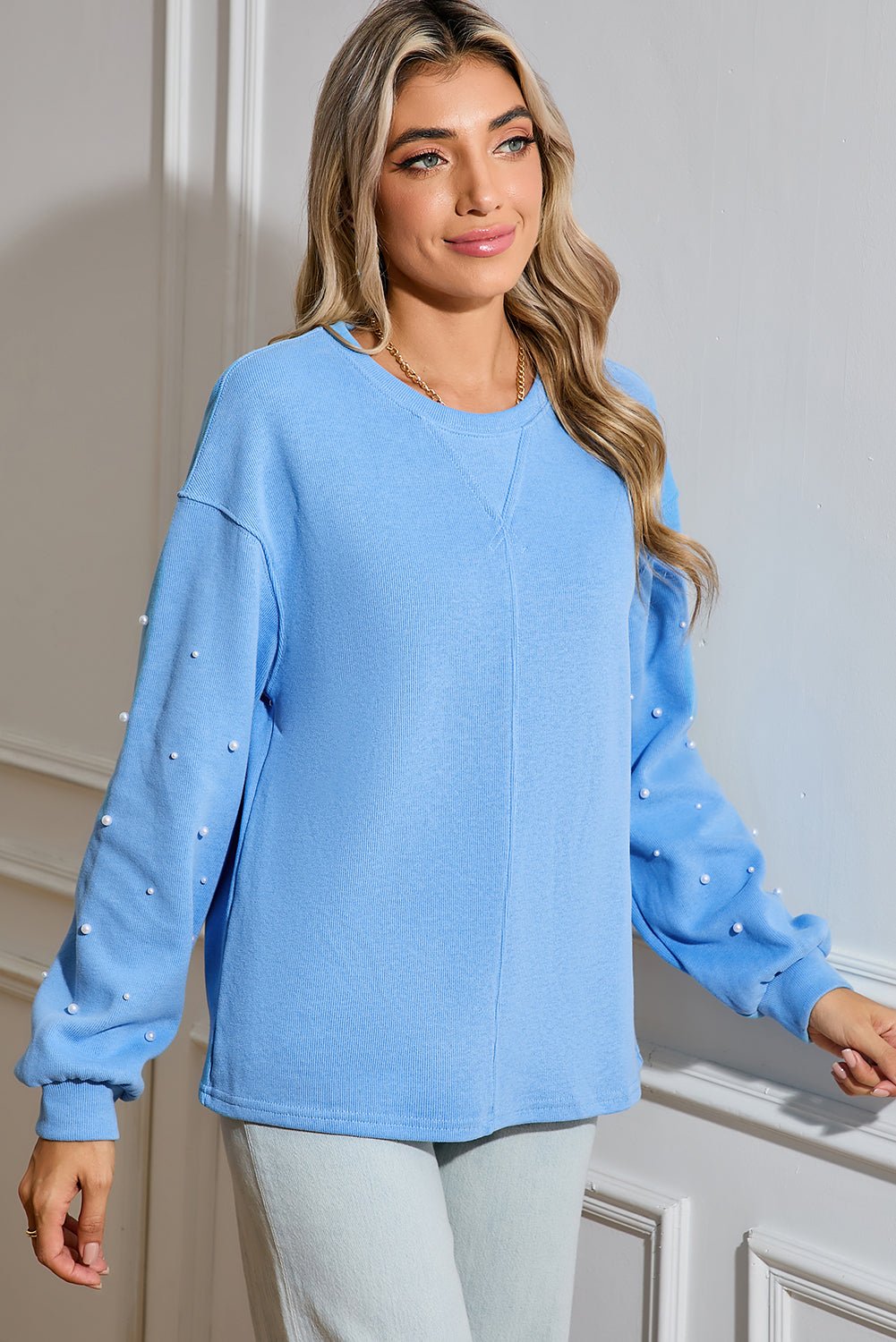 Myosotis Pearl Sleeves Ribbed Pullover Sweatshirt - MAD RUFFI