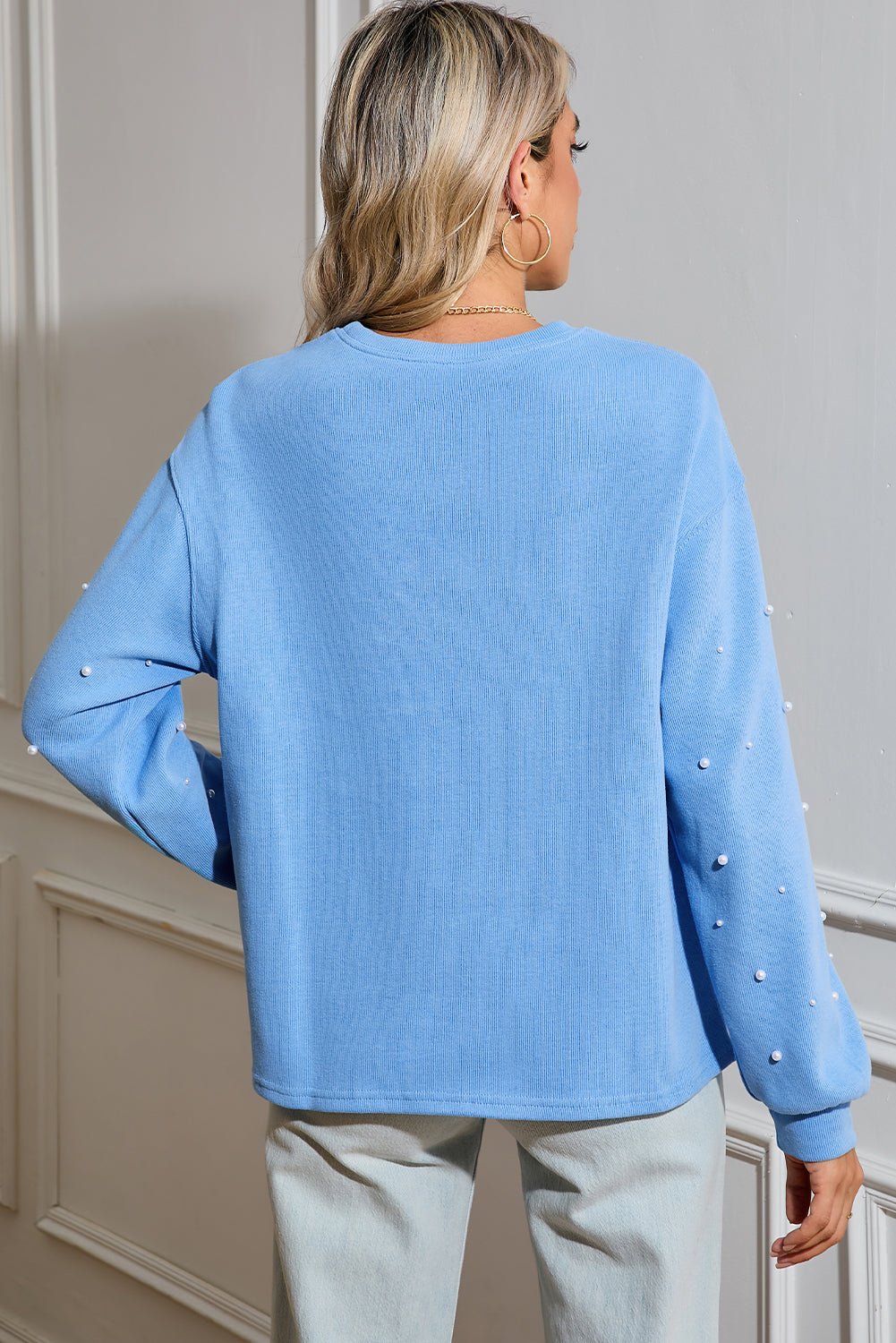 Myosotis Pearl Sleeves Ribbed Pullover Sweatshirt - MAD RUFFI